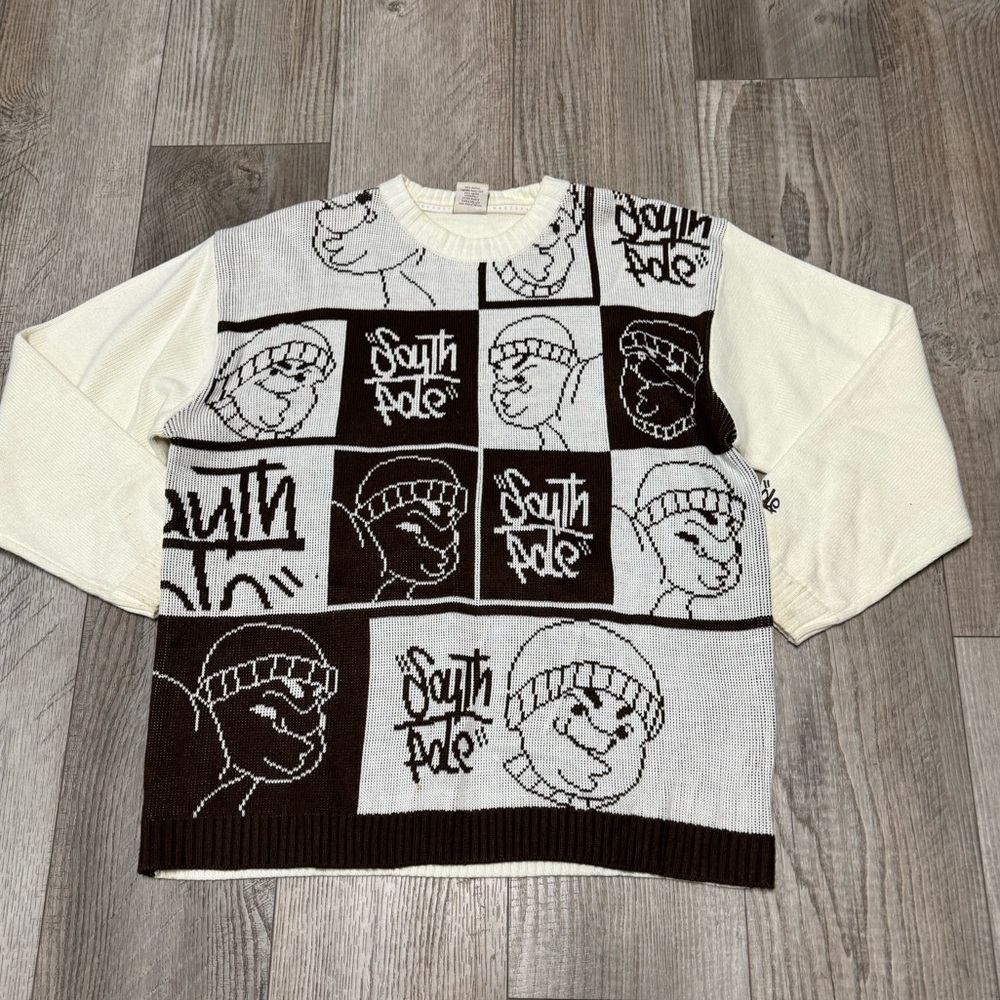 Vintage South Pole brown beige ivory knit sweater checkered logo XL 90s Y2K